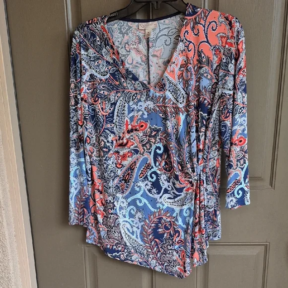 Dress Barn Coral and Navy Paisley Blouse - Picture 4 of 5